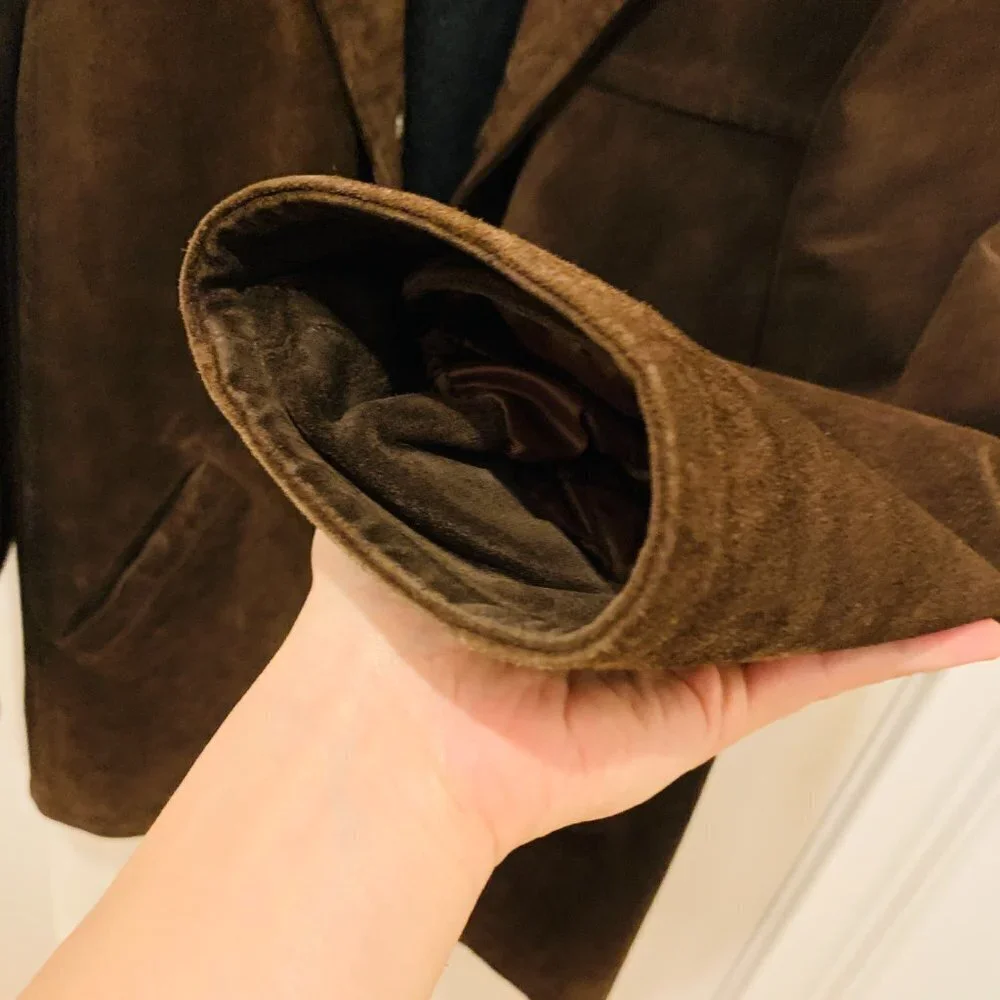 J CREW Suede Leather Jacket Lined Coat Button Down Wool Lining Brown Vintage 90s